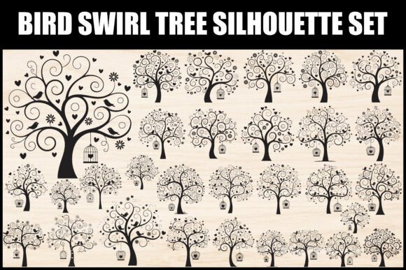 Bird Swirl Tree Silhouette Set: Graphics & Illustrations