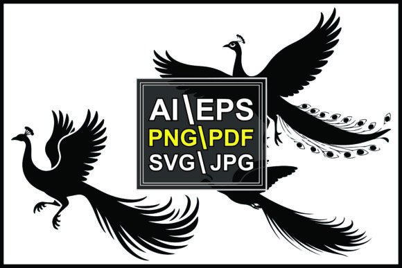Black Peacocks Flying Detailed Feathers Graphics