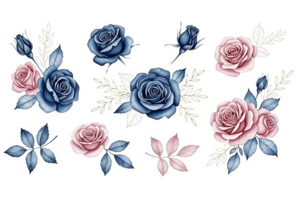 Blue Pink Rose Watercolor Set: Graphics & Illustrations