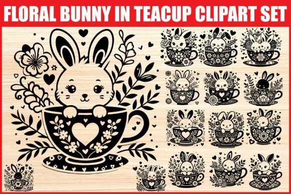 Cute Bunny in Teacup Clipart Set: Graphics & Illustrations