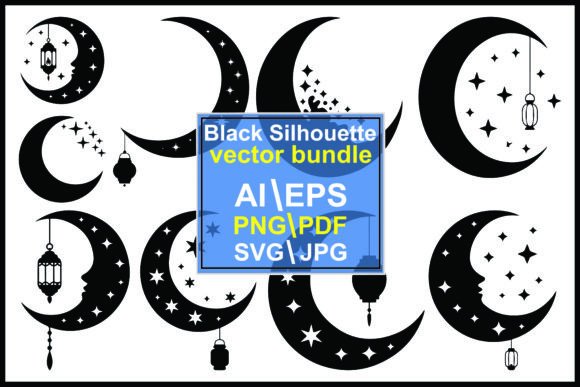 Silhouette Crescent Moons Stars Hanging Graphics